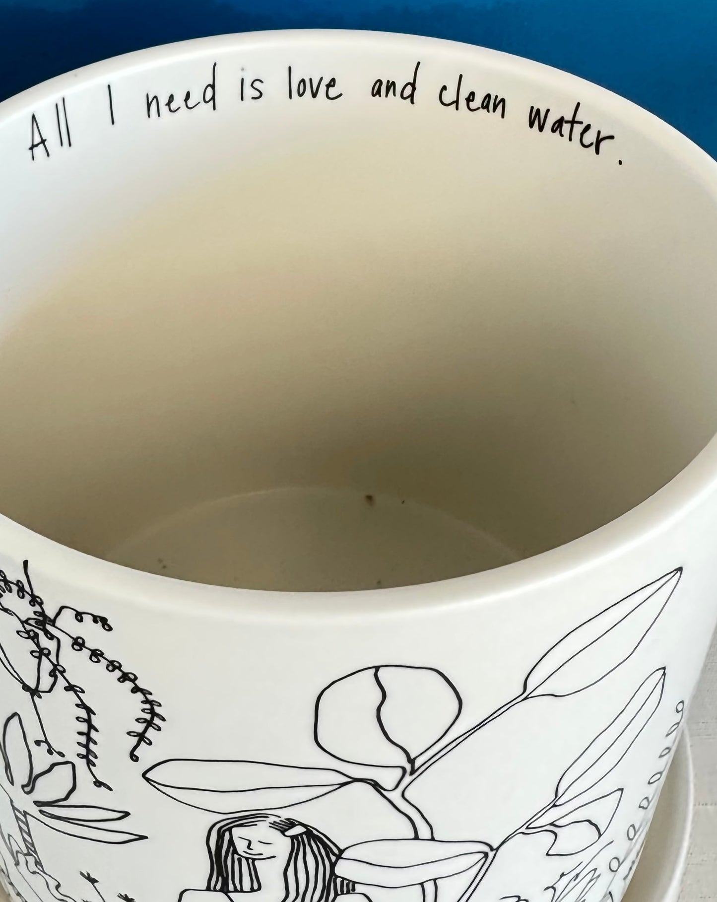 plant lady pot w/saucer - large - "All I need is a little love and clean water" hidden message