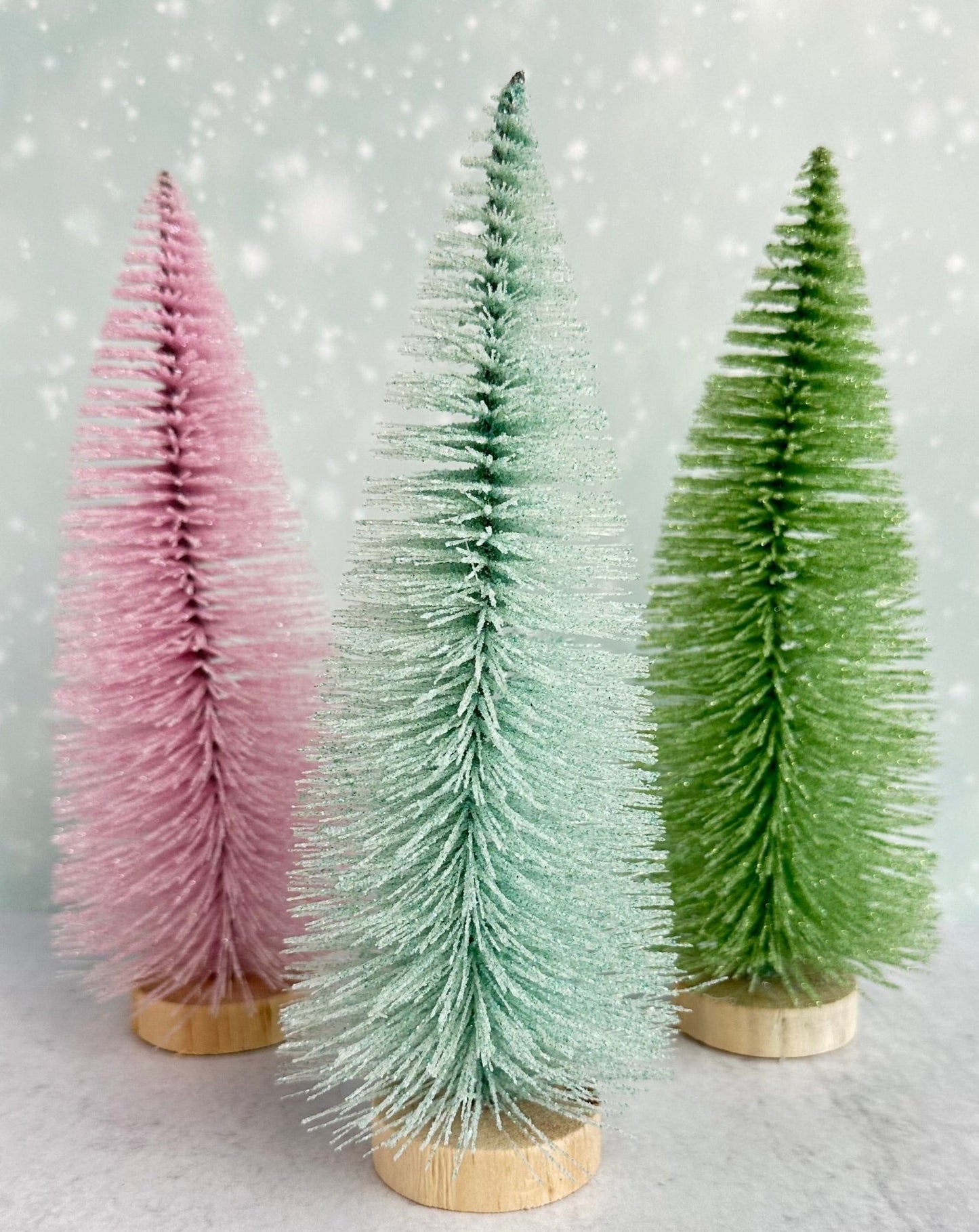 8" pastel christmas bottle brush trees - set of 3