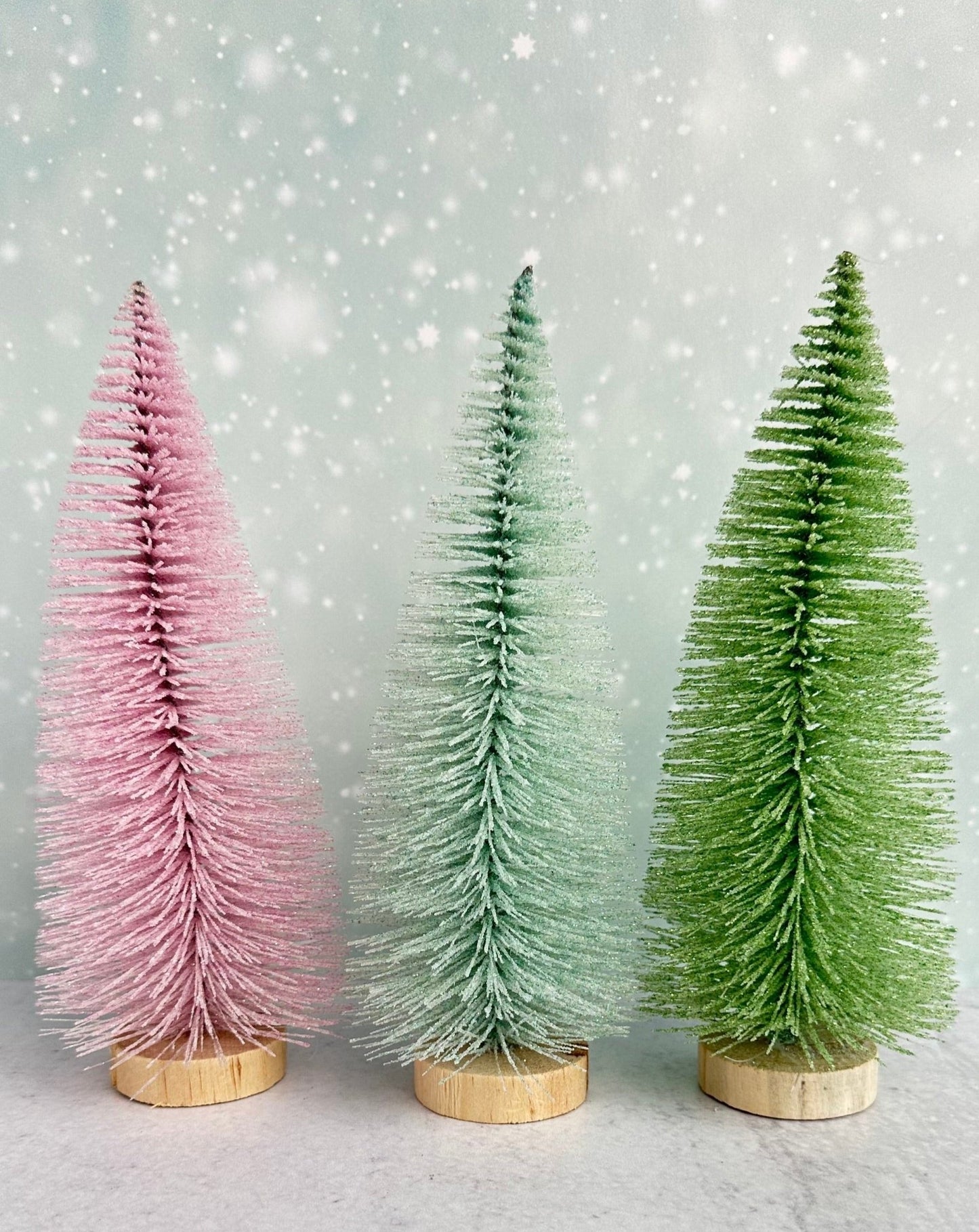 8" pastel christmas bottle brush trees - set of 3