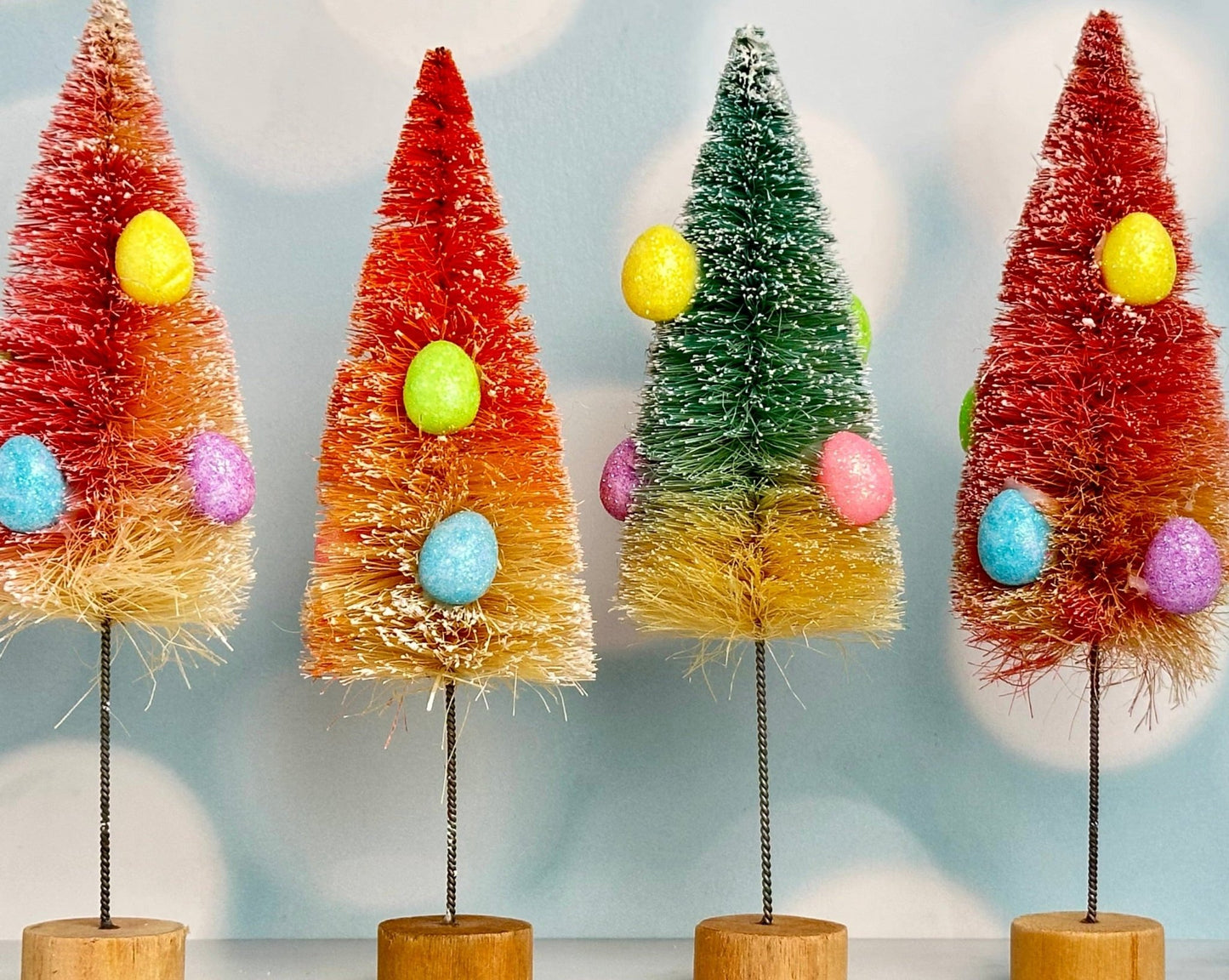 assorted bottle brush trees with easter egg decor - set of 4