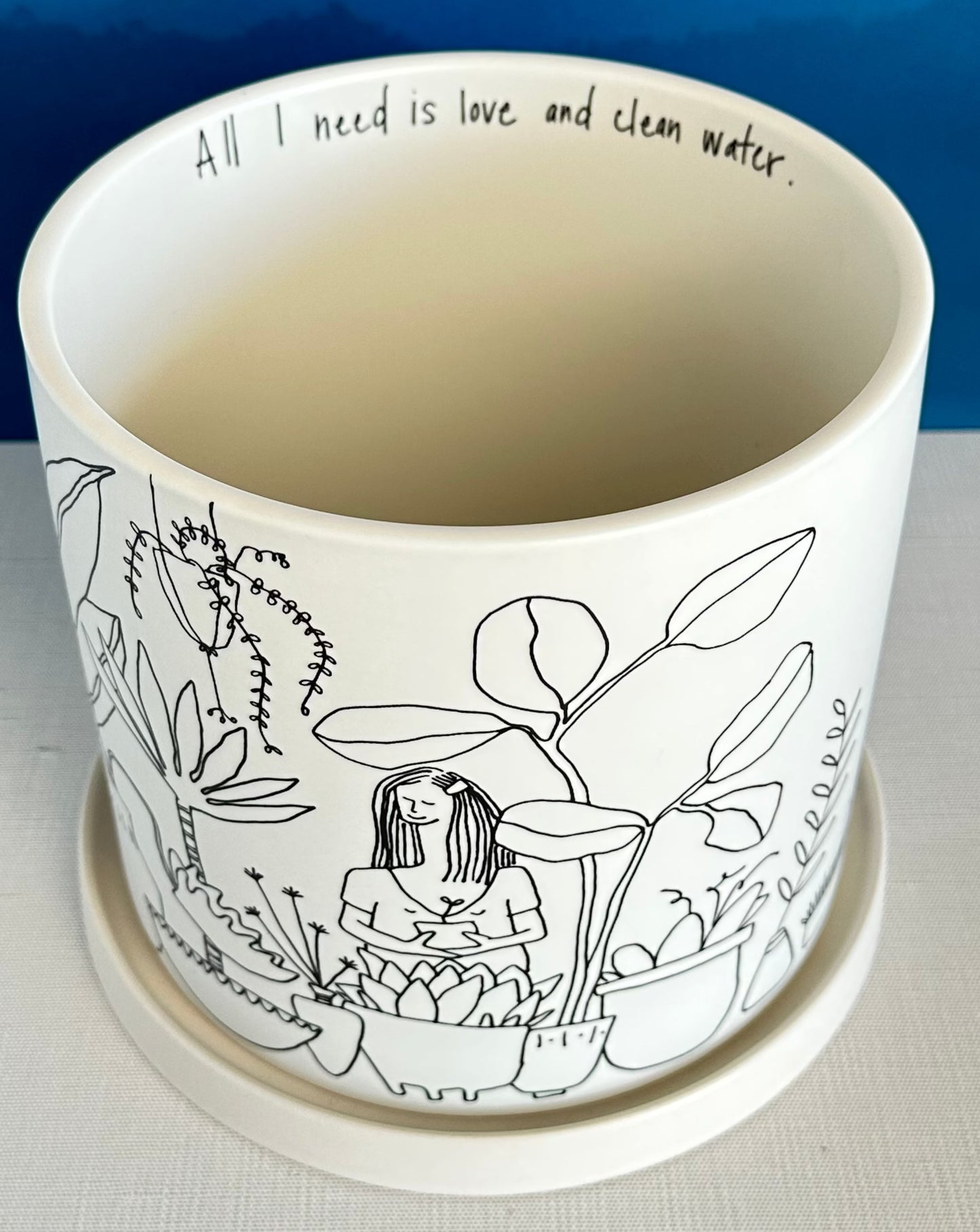 plant lady pot w/saucer - large - "All I need is a little love and clean water" hidden message