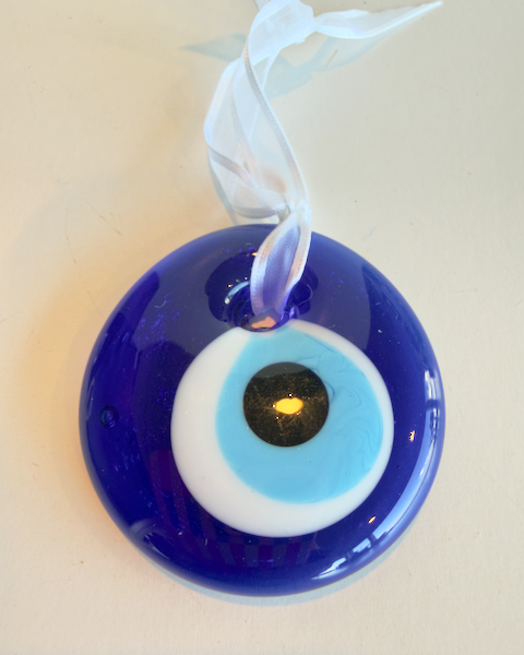 Evil Eye Glass Ornament - Approx. 2" handmade glass tied with a white ribbon.