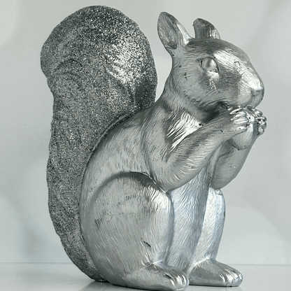 Stan the Silver Squirrel holiday figure with glitter covered tail