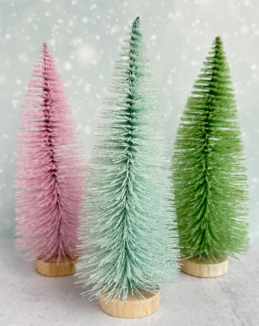 8" pastel christmas bottle brush trees - set of 3