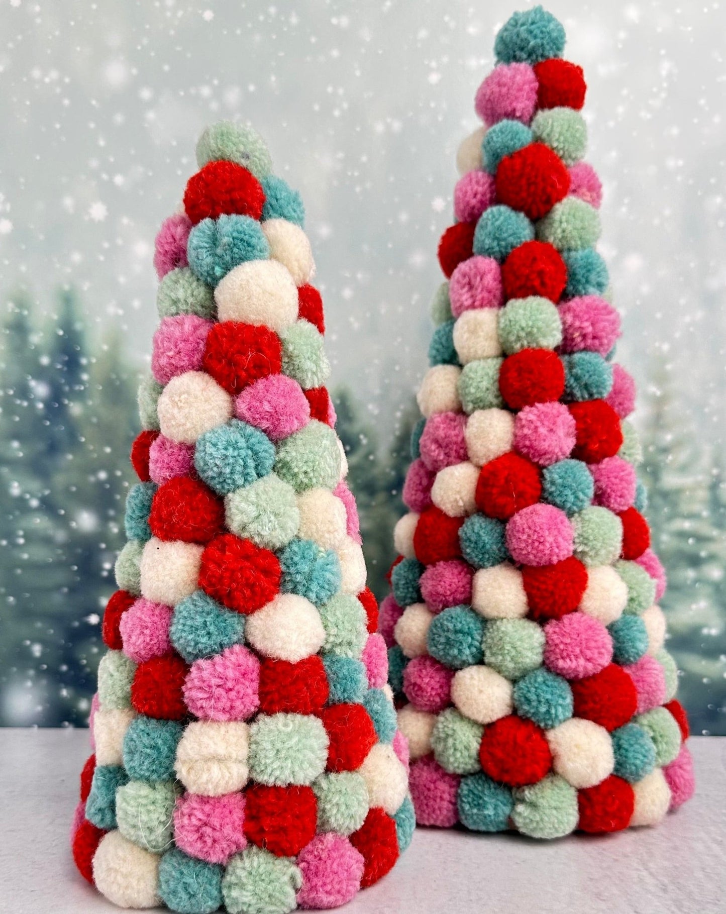 brightly colored pom pom puff christmas trees - set of 2