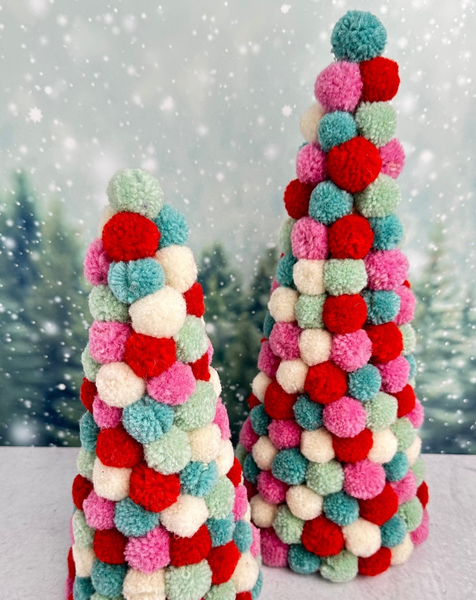 brightly colored pom pom puff christmas trees - set of 2