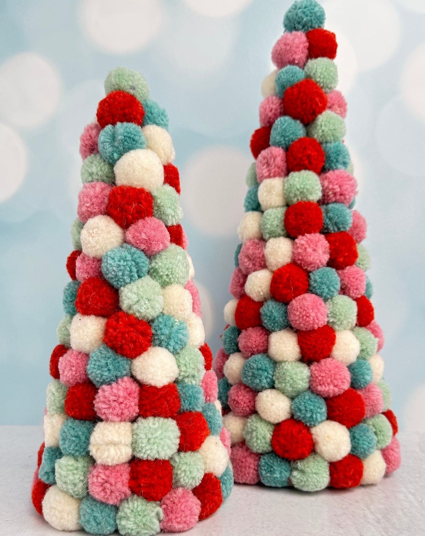 brightly colored pom pom puff christmas trees - set of 2