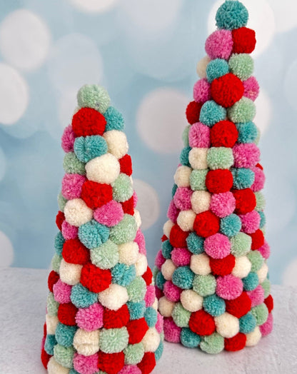 brightly colored pom pom puff christmas trees - set of 2