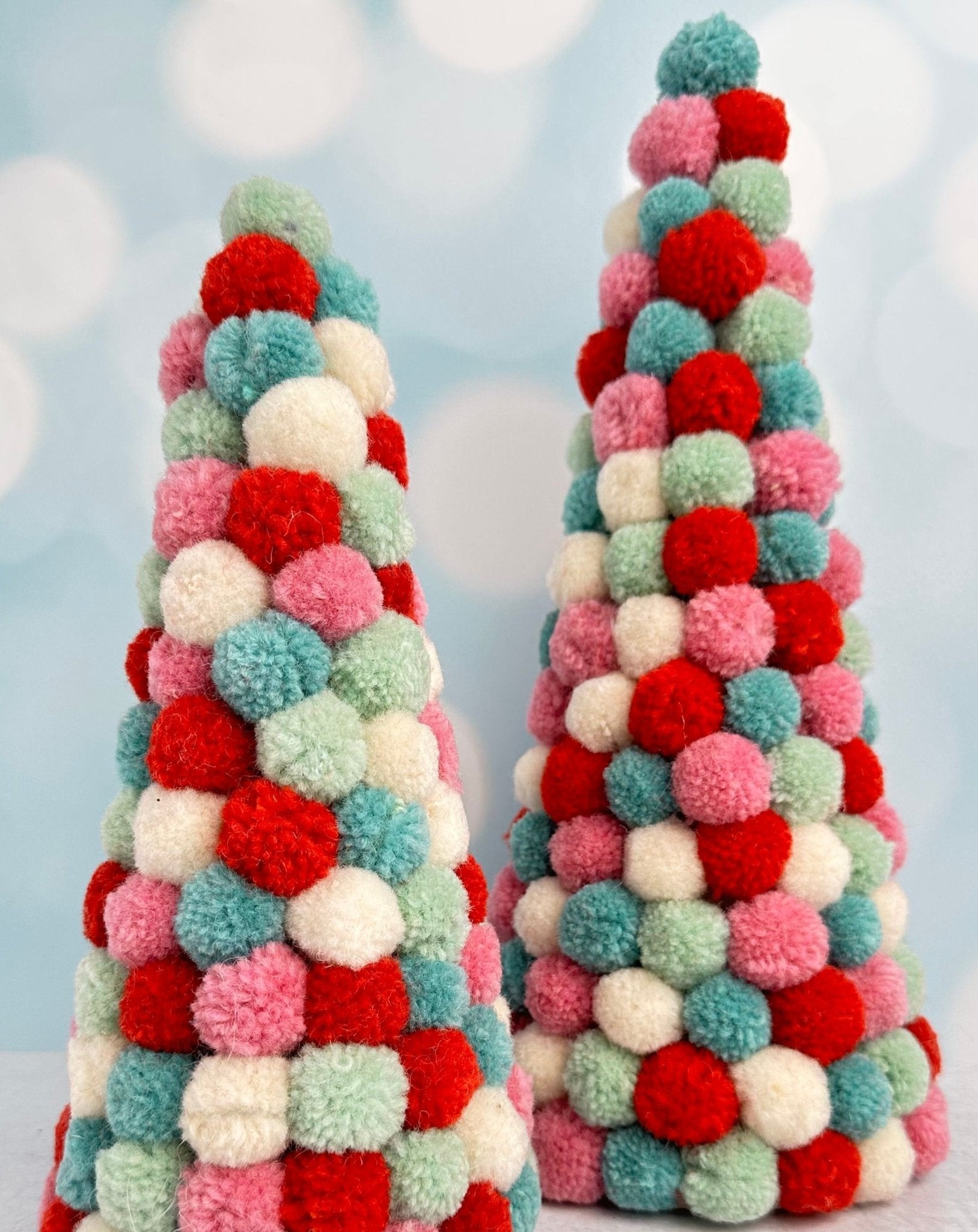 brightly colored pom pom puff christmas trees - set of 2