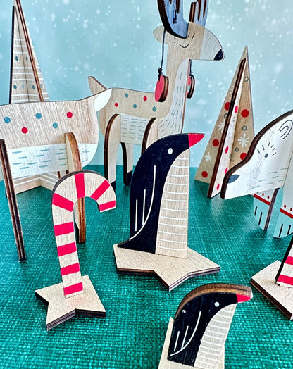 arctic woodland christmas scene - 9 piece holiday cut outs set in wooden gift box