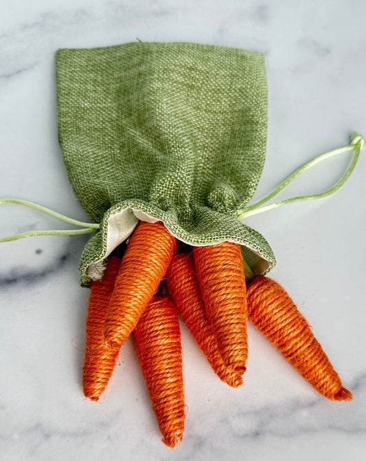 bag o' carrots in green burlap drawstring bag