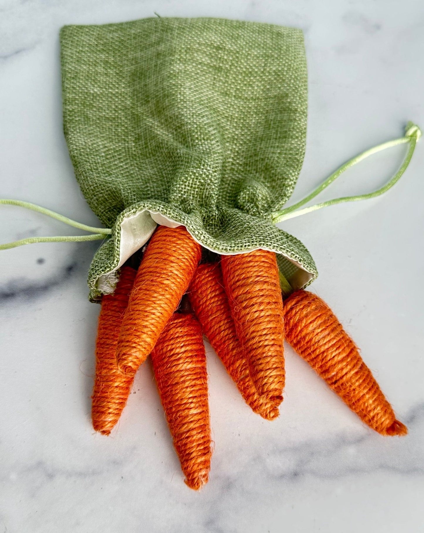 bag o' carrots in green burlap drawstring bag