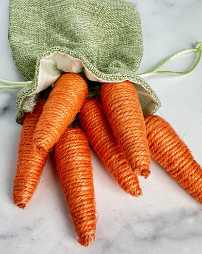 bag o' carrots in green burlap drawstring bag