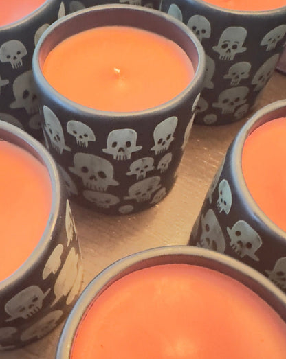 it smells like all the things you love about fall. especially starbucks pumpkin spice cold brew.  fragrance notes include:  pumpkin spice. fall leaves. the whisper in the fall wind.  our limited edition ceramic skull candle is a very generous 3.5 x 3.5 inch candle pot with custom blended scent and color.   quantities are extremely limited. so be sure to BOO now.   