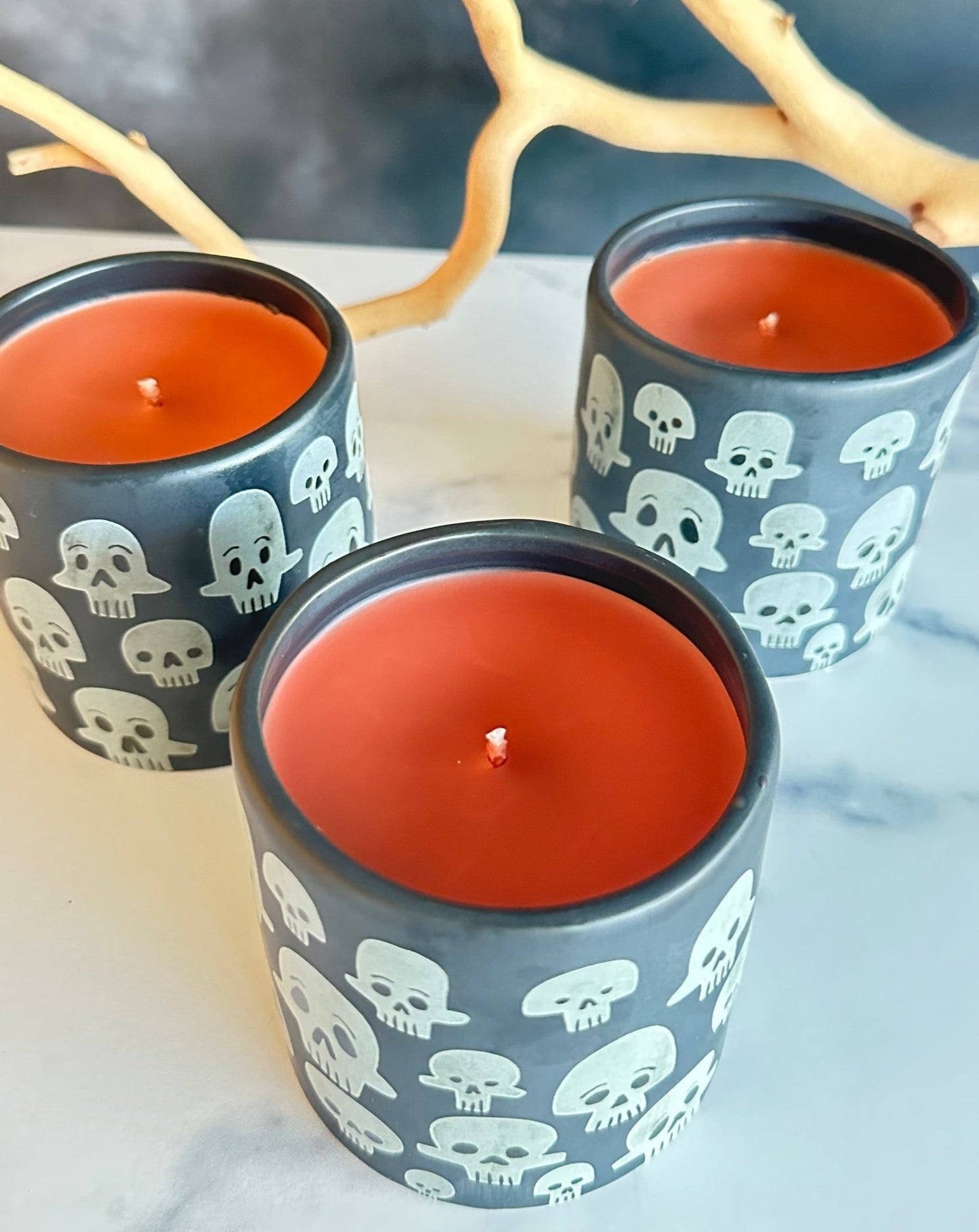 it smells like all the things you love about fall. especially starbucks pumpkin spice cold brew.  fragrance notes include:  pumpkin spice. fall leaves. the whisper in the fall wind.  our limited edition ceramic skull candle is a very generous 3.5 x 3.5 inch candle pot with custom blended scent and color.   quantities are extremely limited. so be sure to BOO now.   