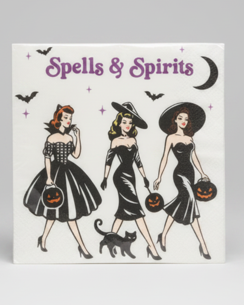 A set of 20 square paper napkin with a vintage-style witchy Halloween illustration reading 'Spells & Spirits,' featuring three women in black dresses, pumpkins, bats, and a black cat. Approx. 5" square.