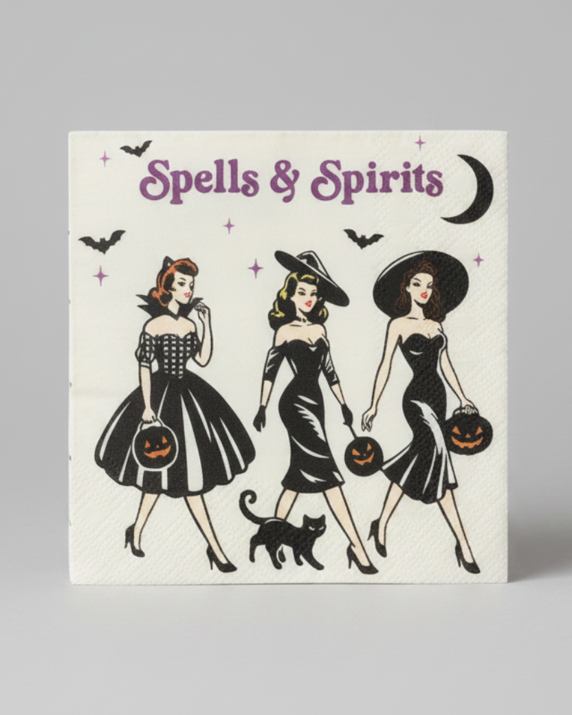 A set of 20 square paper napkin with a vintage-style witchy Halloween illustration reading 'Spells & Spirits,' featuring three women in black dresses, pumpkins, bats, and a black cat. Approx. 5" square.