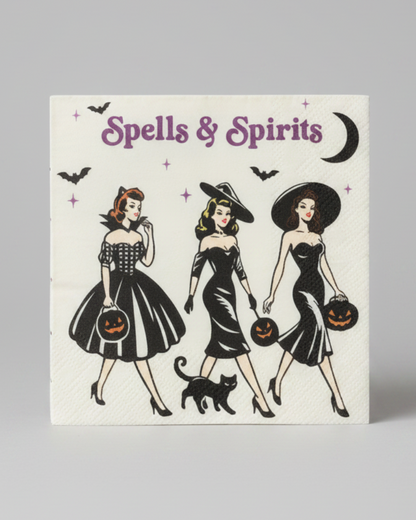 A set of 20 square paper napkin with a vintage-style witchy Halloween illustration reading 'Spells & Spirits,' featuring three women in black dresses, pumpkins, bats, and a black cat. Approx. 5" square.