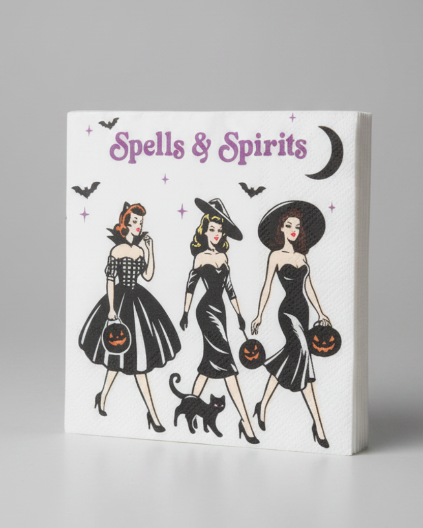 A set of 20 square paper napkin with a vintage-style witchy Halloween illustration reading 'Spells & Spirits,' featuring three women in black dresses, pumpkins, bats, and a black cat. Approx. 5" square.