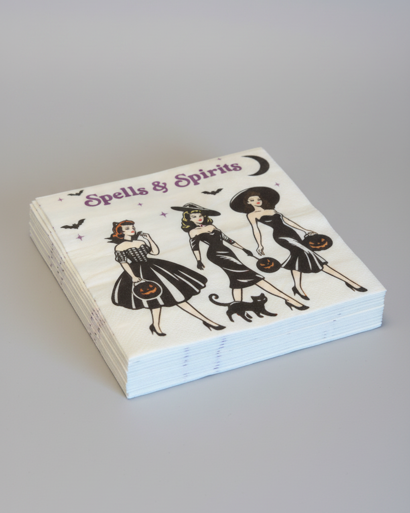 A set of 20 square paper napkin with a vintage-style witchy Halloween illustration reading 'Spells & Spirits,' featuring three women in black dresses, pumpkins, bats, and a black cat. Approx. 5" square.