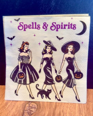 Add a witch, vintage-inspired Halloween charm to your party table with Spells & Spirits witch paper napkins featuring cats, bats, and pumpkins.