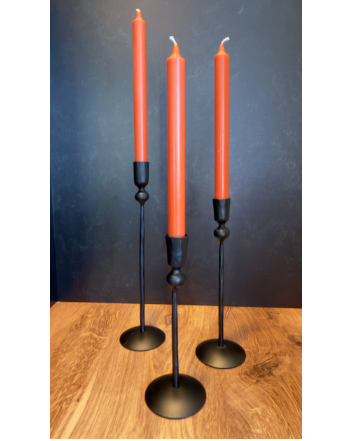 Our Witch's Coven Taper Holders. This set of 3 tall, slender black metal candle holders look like they are hand forged from steel. These spooky holders create a dramatic gothic display that feels right at home in a witch’s cottage, haunted manor, or Halloween tablescape.